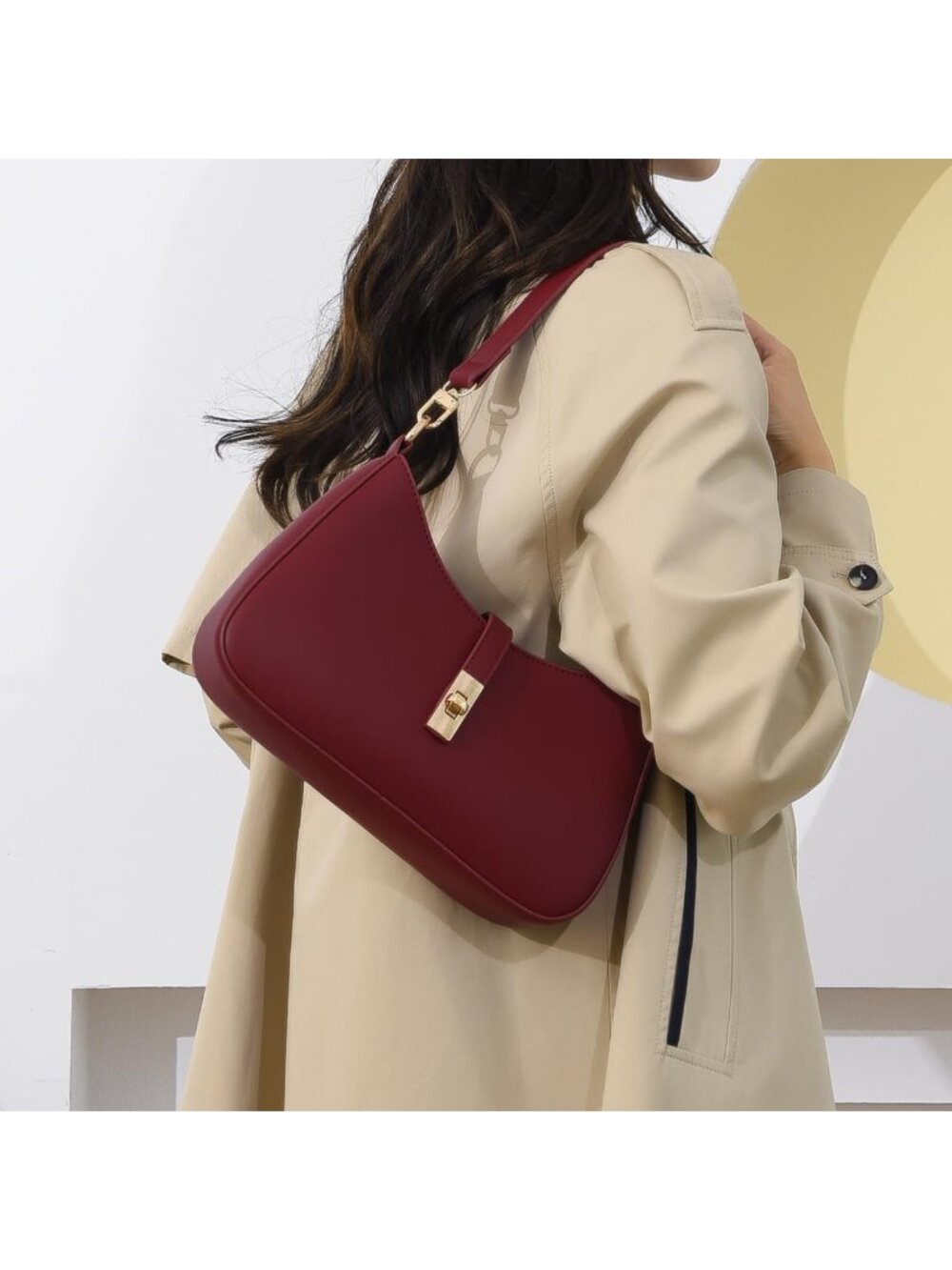 Women's Wine Red Premium Vegan Leather Twist Lock Crossbody Shoulder Bag - Picture 2 of 6